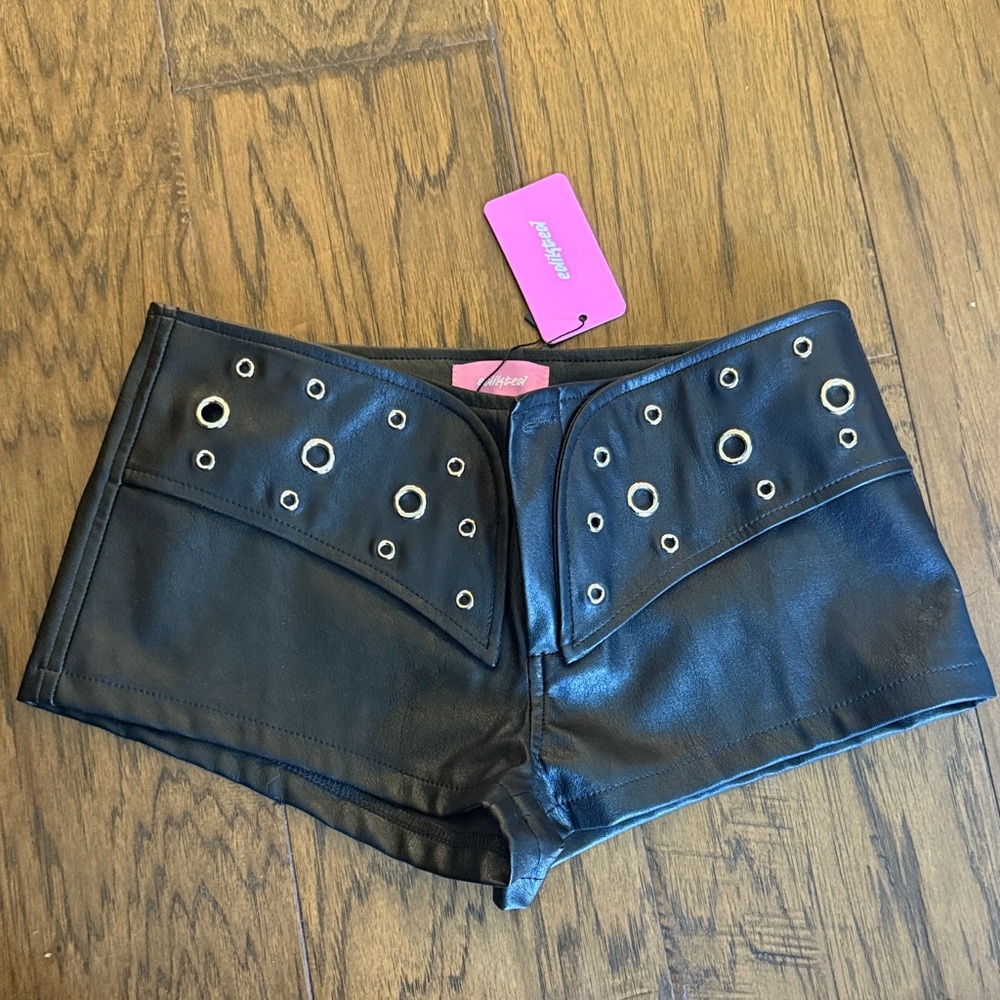 Edikted Faux Leather Micro Shorts in Black Size Small